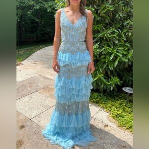 Stunning silver beaded Blue primavera couture gown